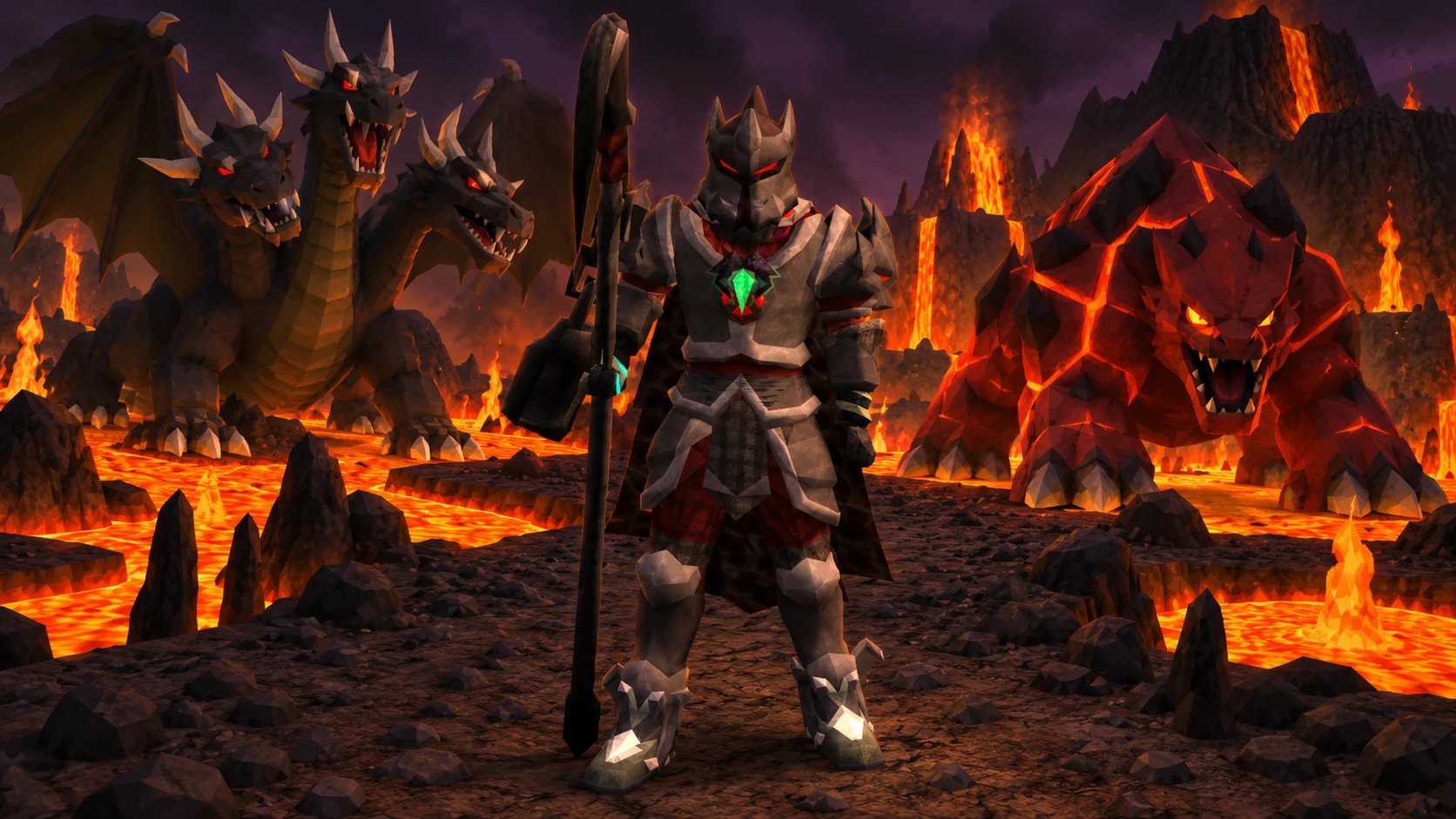 Promotional artwork based on a Vexor player, surrounded by bosses in a volcanic landscape