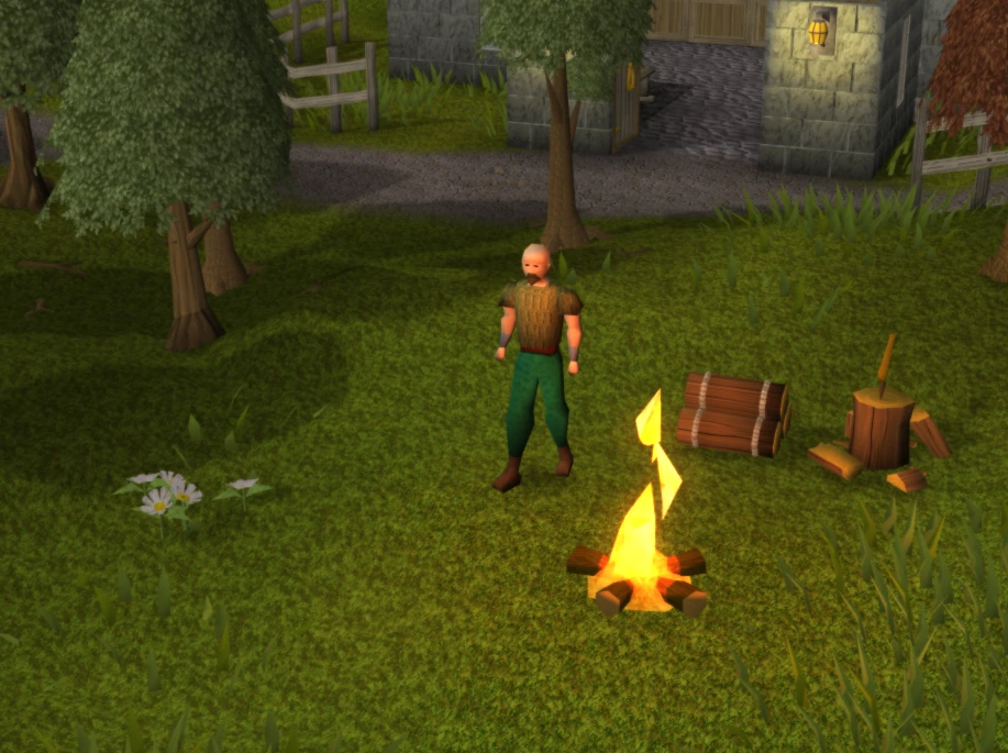 In-game Vexor screenshot of a player beside a campfire, trees and a stone building