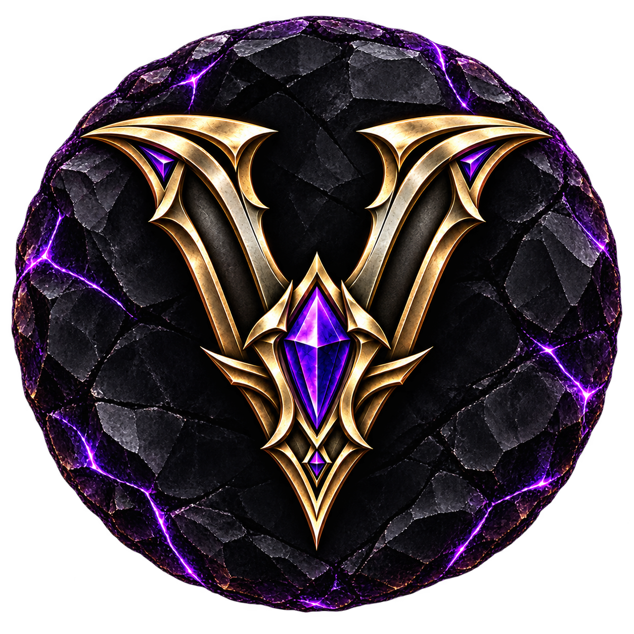 Vexor gold V and amethyst crest on obsidian stone